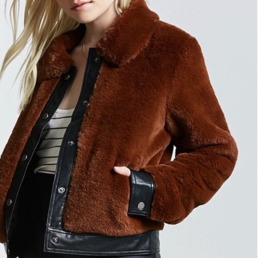 FOREVER 21 | Brown Teddy Bear Faux Leather Trim Jacket Sz M